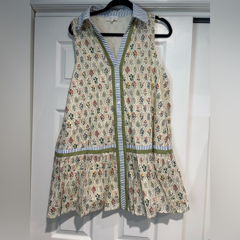 entro Cream Floral Tiered Sundress with Green Trim and Navy Stripe
